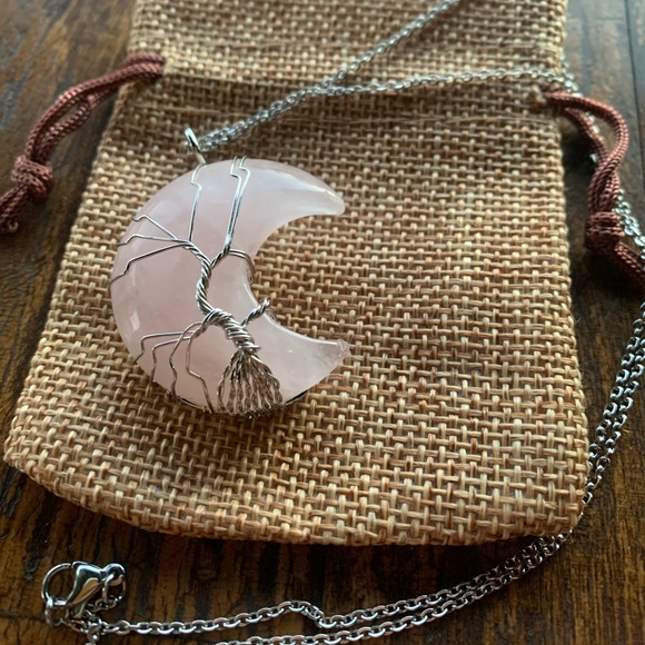 Hand Crafted Jewelry - Rose Quartz Necklace Rose Quartz Moon Pendant with Stainless Steel Chain